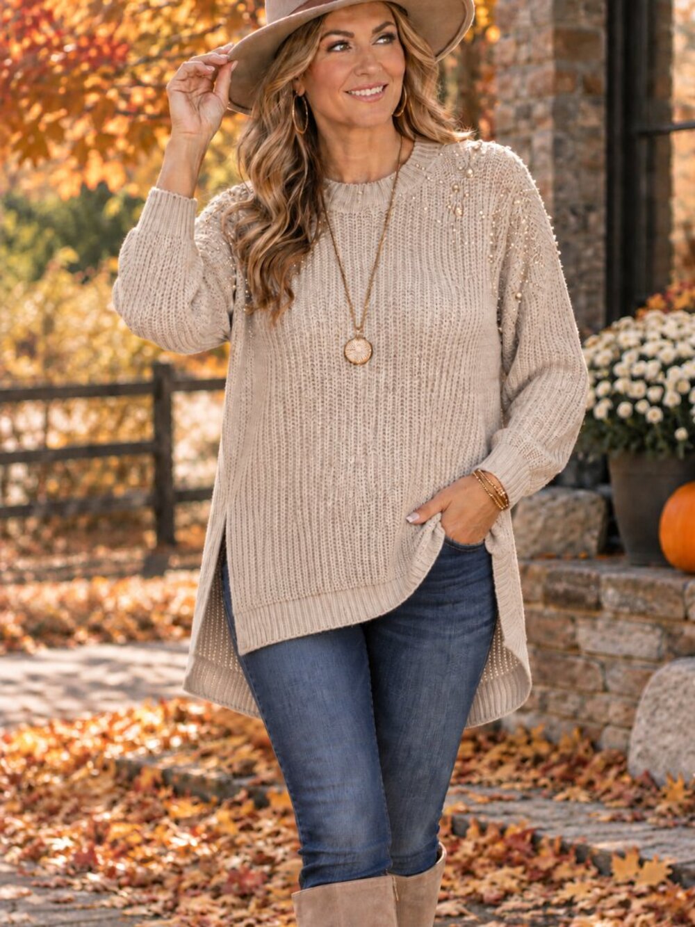 SHEIN CURVE Sweater Acrylic Knit HiLo Light Tan w/Pearl Accents NWOT XL